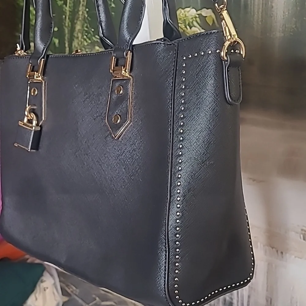 Miztique Womens Elegant Black Handbag Satchel gold accents and accent lock